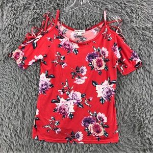 Eye Candy Top Womens XL Criss Cross Open Shoulder Soft Flowers Roses Shirt
